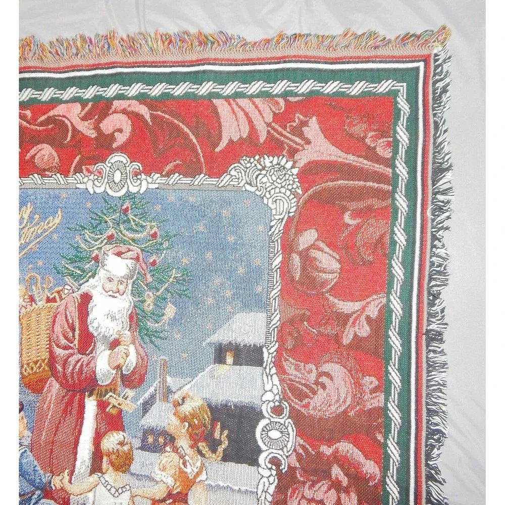 Merry Christmas Santa Claus With Children Woven Fringed Thrown 44x53 By Hallmark